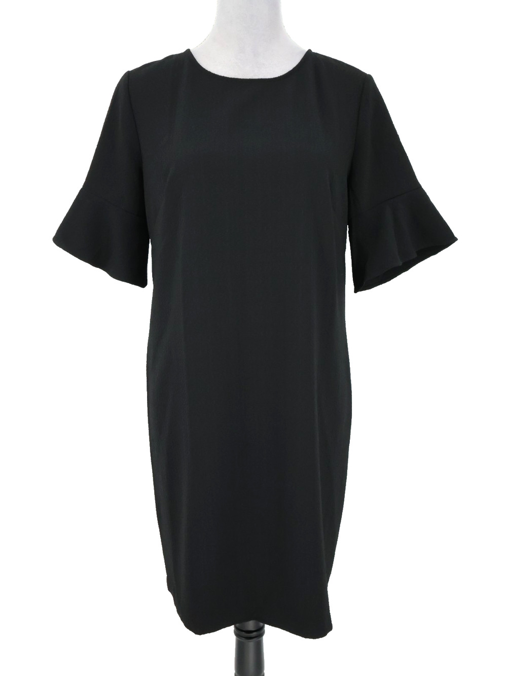 Loft Dress Petites 10P Black Shift Stretch Knit Back Zip Bell Sleeve Midi Career